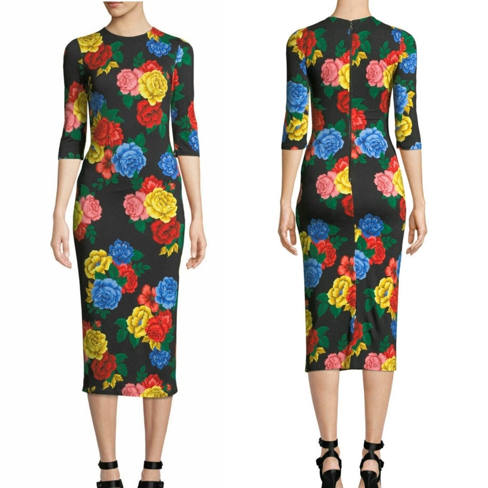 Alice + Olivia Delora Fitted Floral Crewneck Midi Dress‎ Sz 2 Stretchy Bodycon